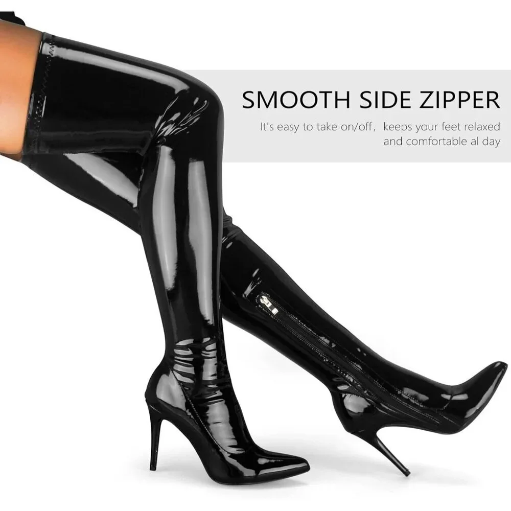 Women Black Patent pu Side Zipper Stiletto High Heel Over The Knee Comfy Boots